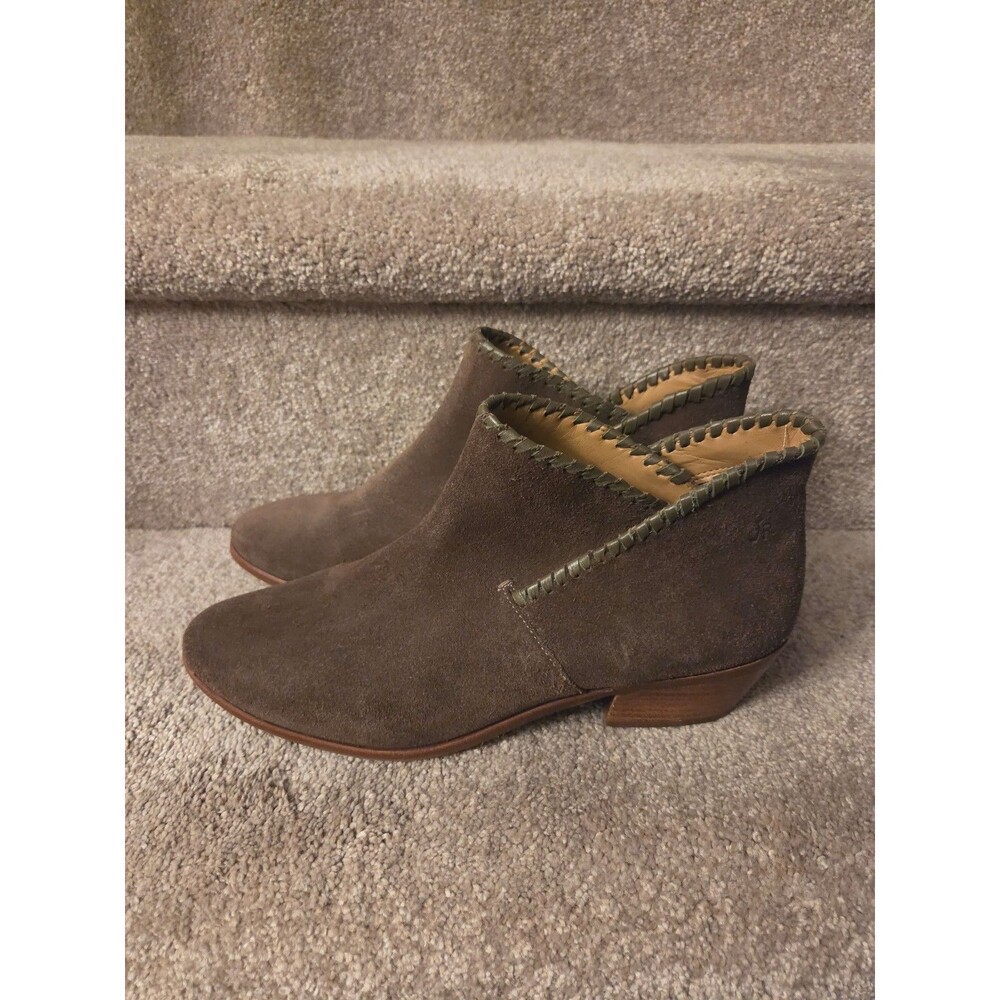 Jack Rogers "Sadie" Olive Green Suede Ankle Boots Block Heels Size 9